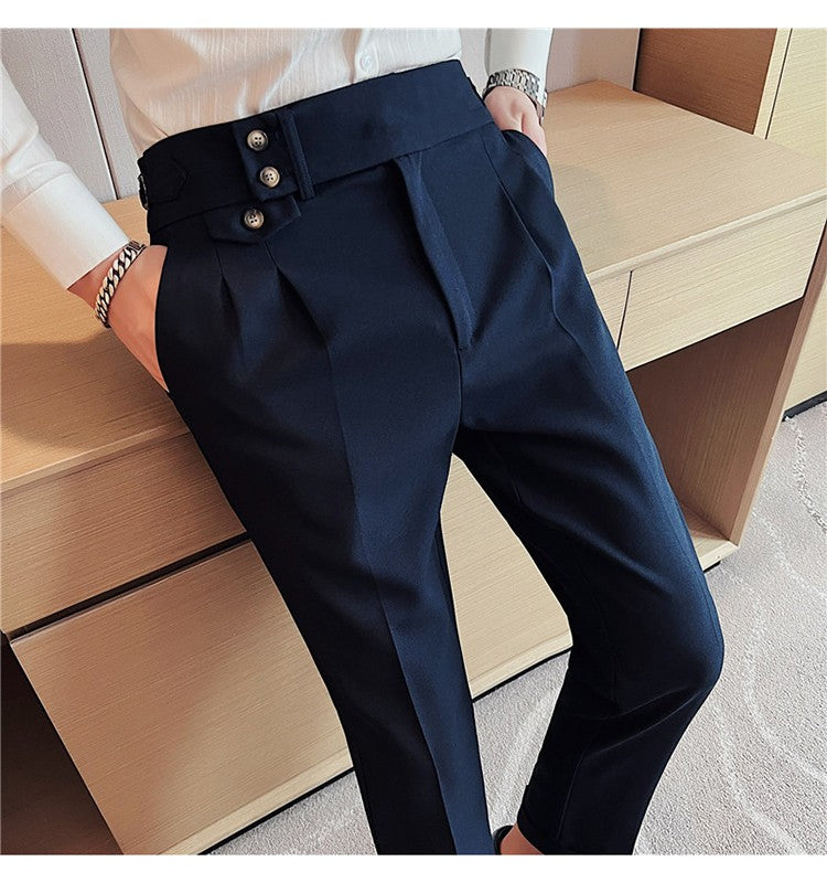 British Style Spring New Solid Business Casual Suit Pants High Waist Button Men Formal Pants High Quality Slim Office Trousers