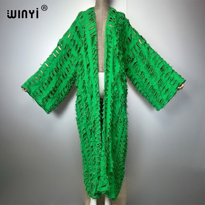 WINYI new maxi kimono coat for women OverCoat hole denim cardigan long down coat cover up beach outfits woman abaya dubai luxury