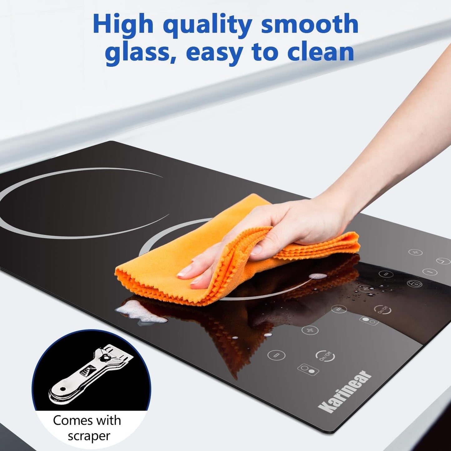 Karinear 110V Electric Cooktop 2 Burner - 12 Inch Plug in, Countertop & Built-in Ceramic Cooktop, 2000W, Residual Heat Indicator