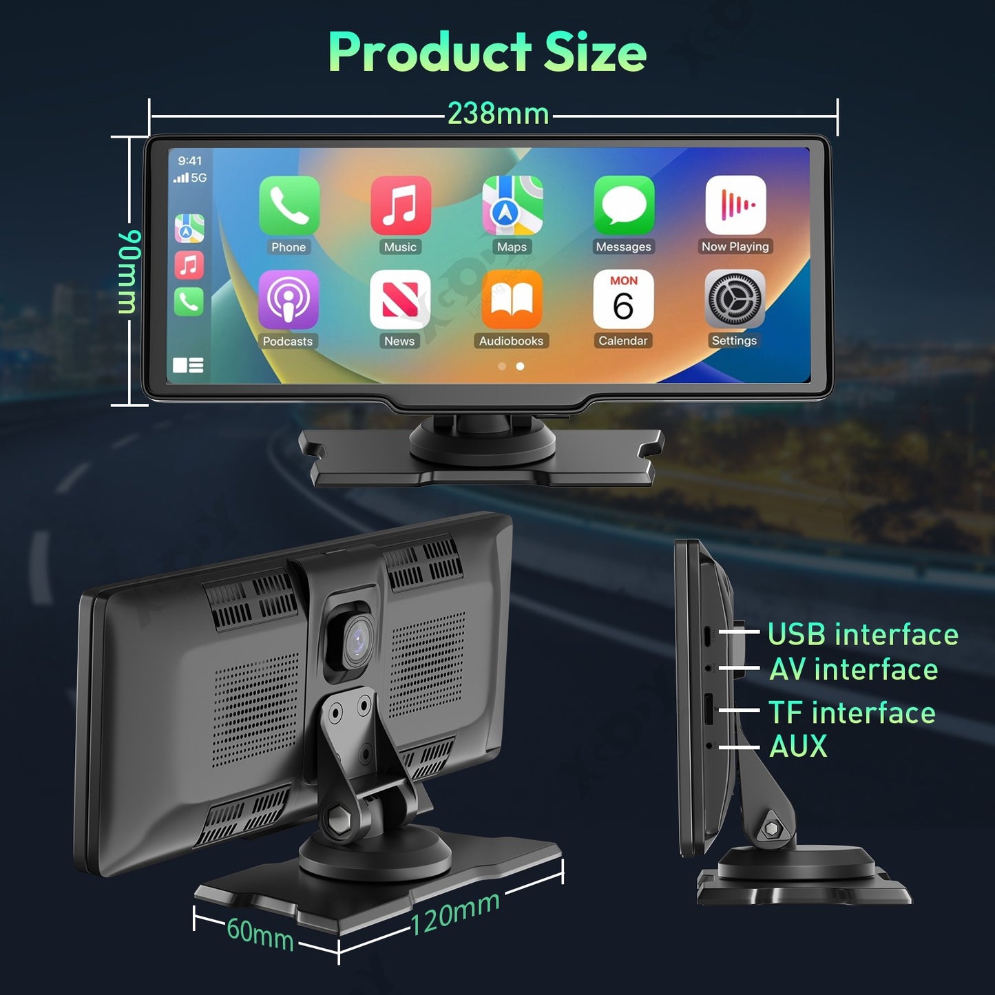 Gravador de vídeo automotivo DVR com tela sensível ao toque de 10,26" 4K, Apple CarPlay sem fio, Android Auto, lente dupla, câmera dupla DVR