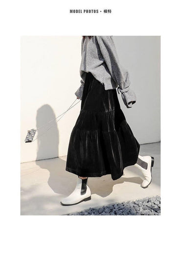 Preppy Style A-line Long Skirt Female Vintage Velvet Solid Skirt Autumn Winter Women Fashion High Waist Office Work Skirts 7XL