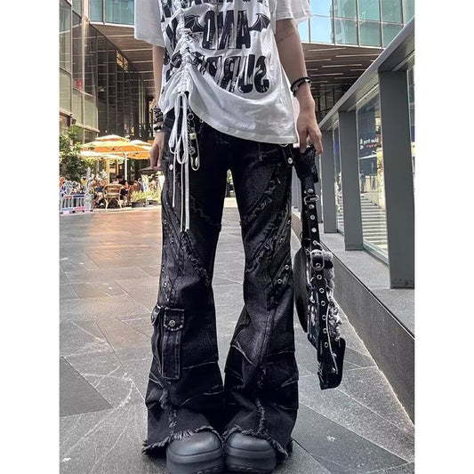 Women's Y2k Baggy Flare Jeans Harajuku Japanese 2000s Style Patchwork Denim Trouser Vintage Oversize Cargo Jeans Pants Clothes