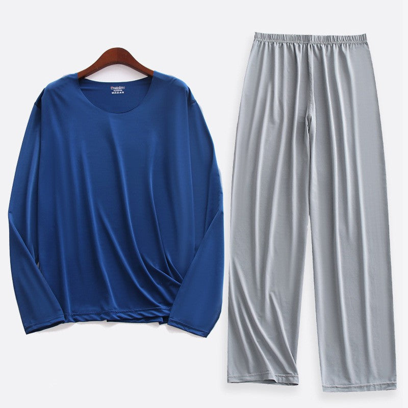 Plus Size 5XL Men Ice Silk Pajama Set Solid Long Sleeve Tops and Pants Sleepwear 2pcs Sets Soft Comfy Lounge Home Nightwear Male