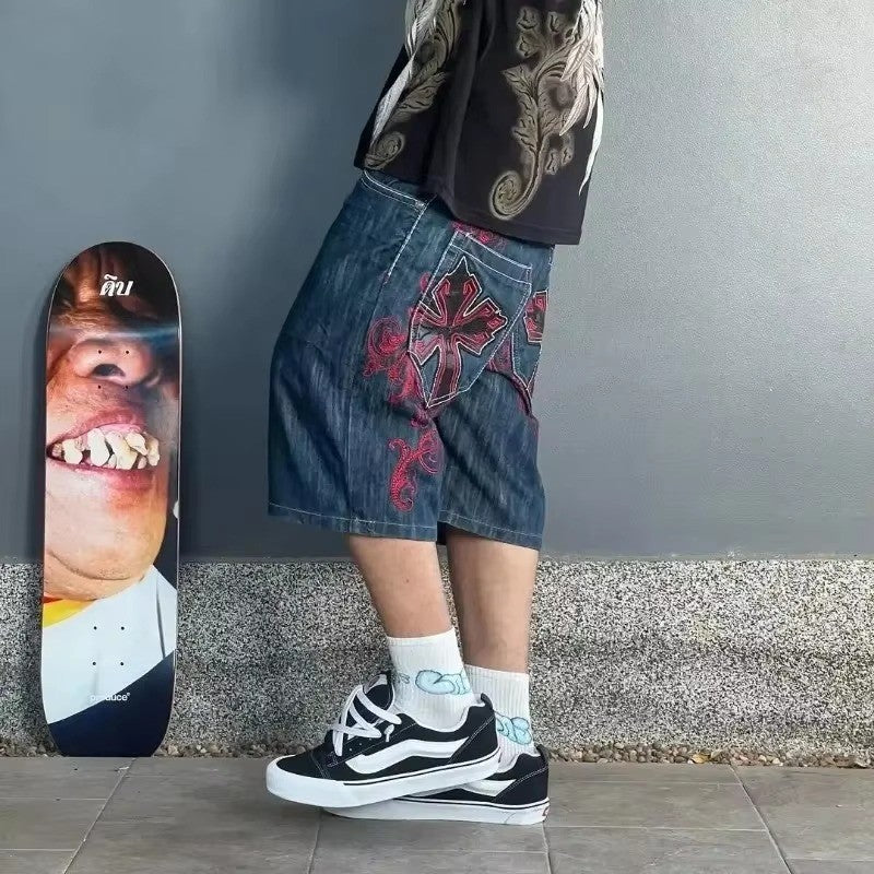 High Quality Street Y2K Retro Denim Shorts Shinjuku Hip Hop Pocket Loose Denim Shorts For Men and Women In Summer Gothic Shorts