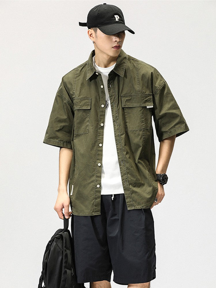 Summer Japanese Cargo Short Sleeve Shirt Men's Pockets Button Turn-down Collar Shirts Fashion Casual Cardigan blouses Tops