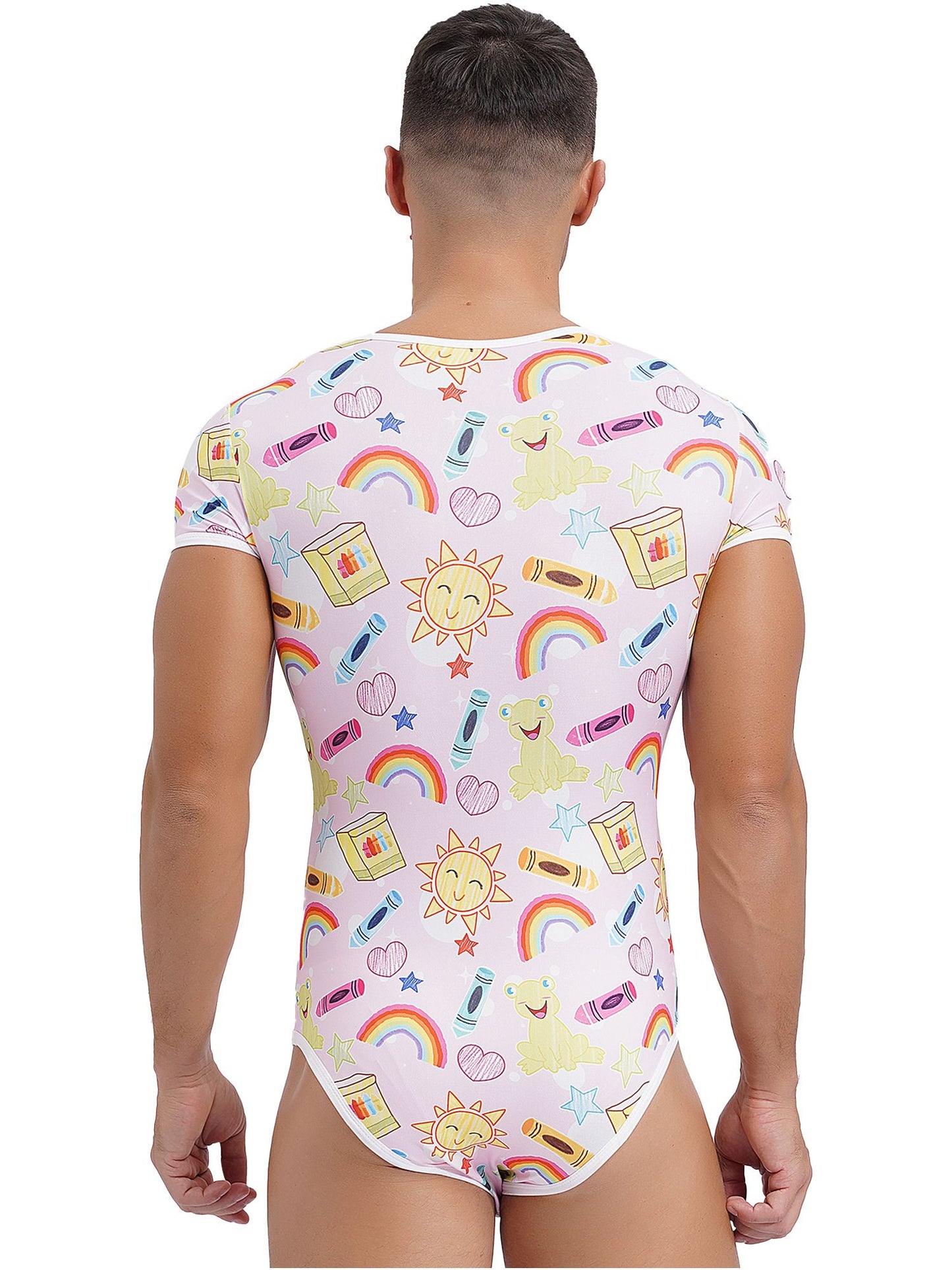 Mens Cute Cartoon Print Bodysuit Sissy Pajamas Short Sleeve Buttoned Crotch Diaper Rompers Gay Male Onesies Sleepwear Loungewear