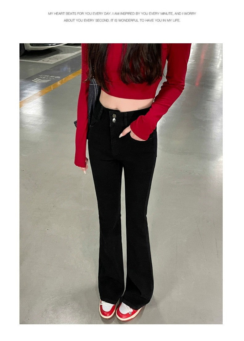 High Waist Fce Lined Thiened Autumn Winter American Bla ey Micro Flared Jeans Women Slimming Legging Hoof Pants