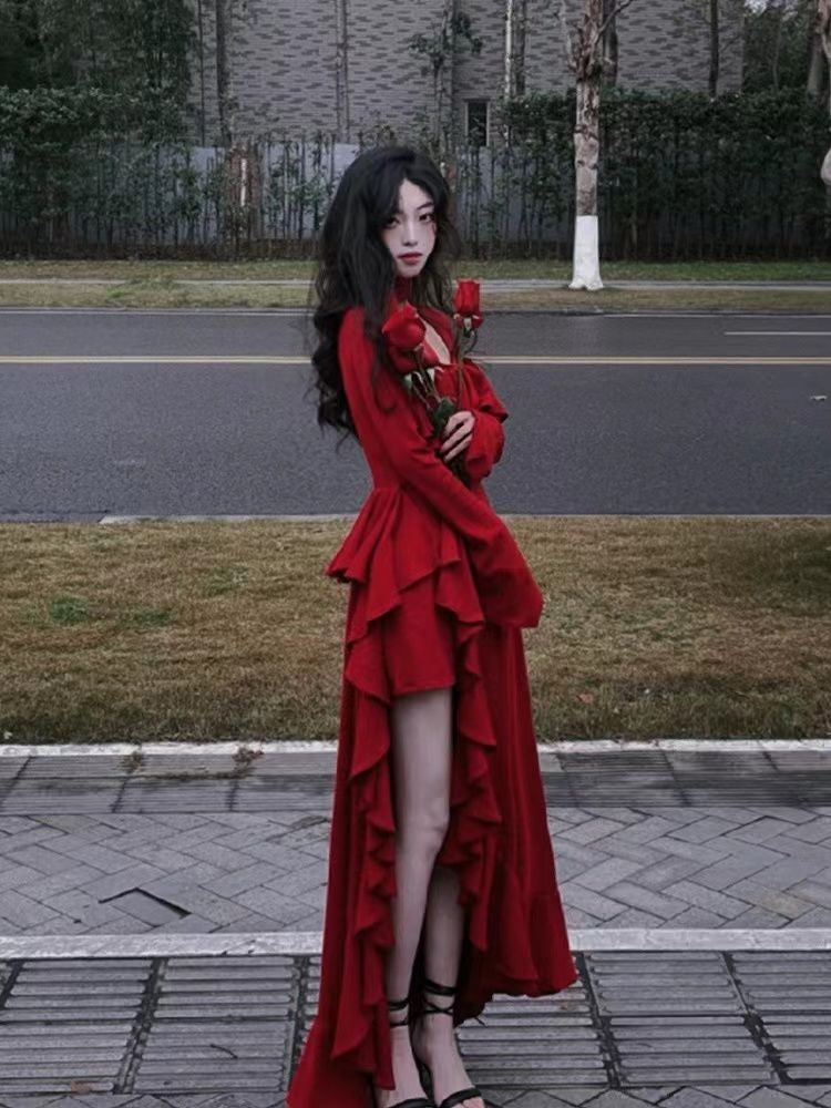 2025 Spring Women Elegant Long Slevee Midi Dress Female Red Square Collar Ruffle Party Dress Christmas Irregular Prom Dress