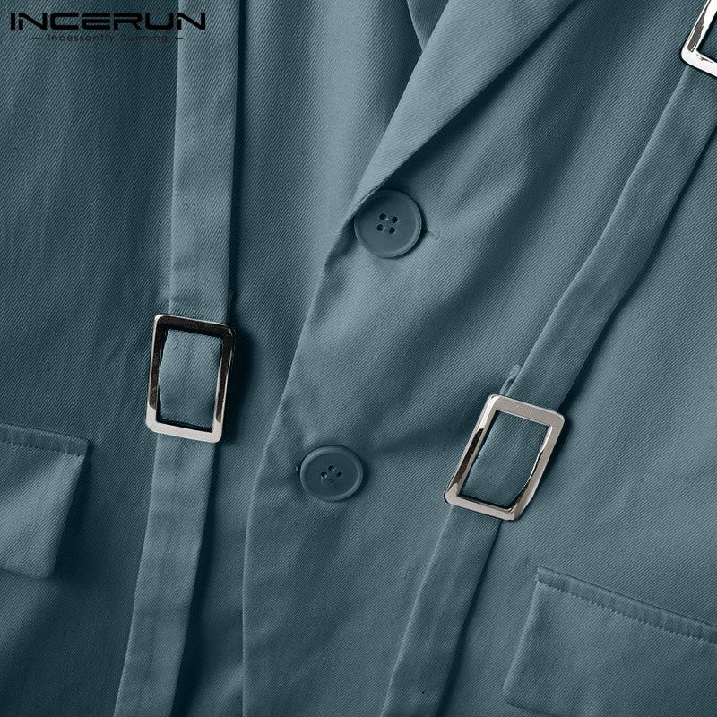 INCERUN Tops 2025 American Style Fashion Men Hollow Button Design Suit Coat Casual Streetwear Solid Long Sleeved Lace Up Blazers
