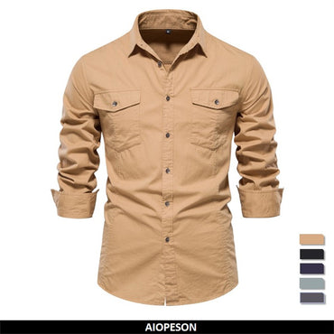AIOPESON 2023 New Autumn Military Style 100% Cotton Pocket Shirt for Men Solid Color Slim Casual Men Shirts Long Sleeve