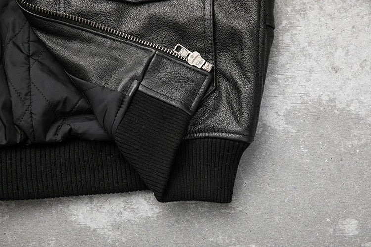Detachable Natural Fur Collar Genuine Cowhide Men Leather Jacket Patches Flight Air Force Pilot Coat Winter Bomber