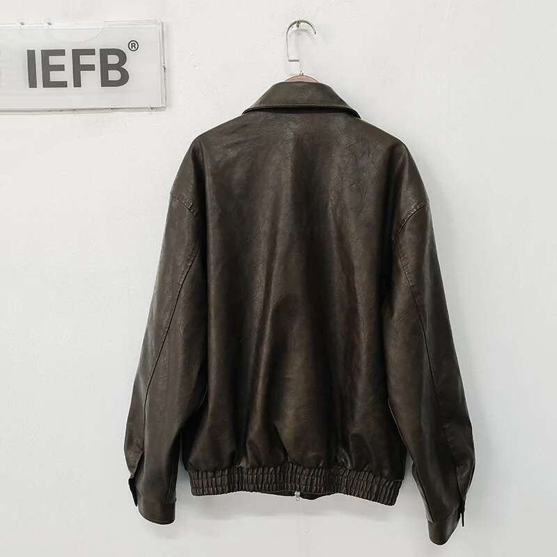 IEFB Short PU Leather Coat Men's Spring Summer Loose Turn-down Collar Coat Korean Style Trend Male Jacket Casual Top 9C5013