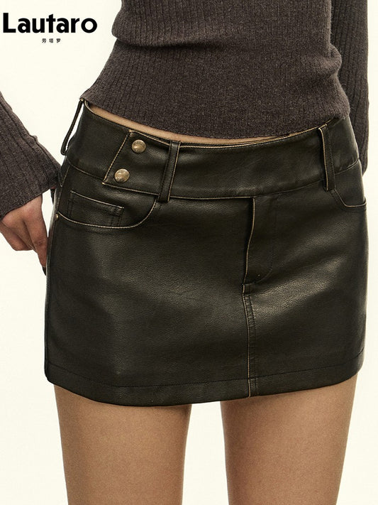 Lautaro Spring Summer Black Mini Skirt Women with Low Waist Short Distressed Pu Leather Skirts for Woman 2024 Gyaru Clothes
