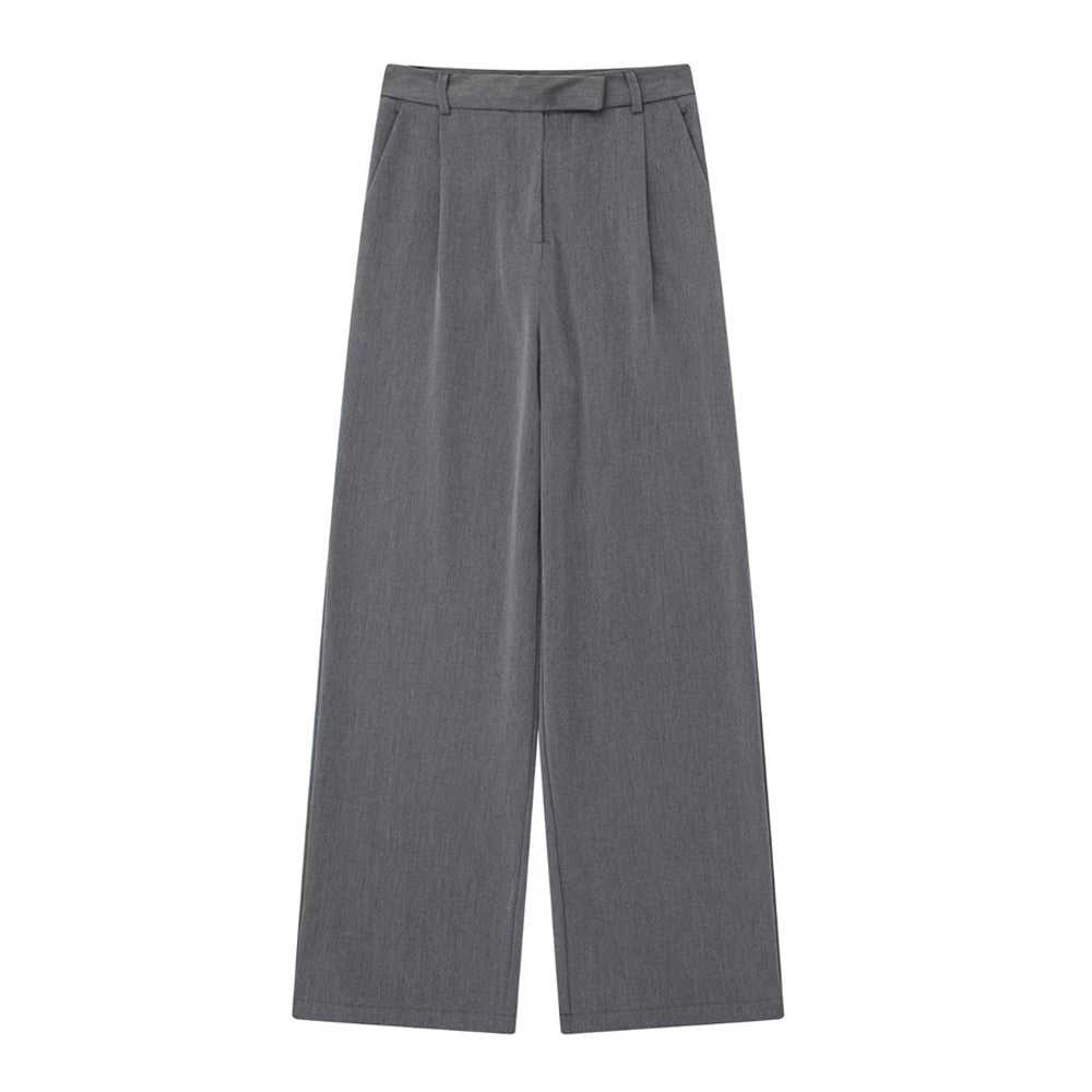 TRZA Women Fashion With Darts Front Pockets Wide Leg Pants Vintage High Waist Zi