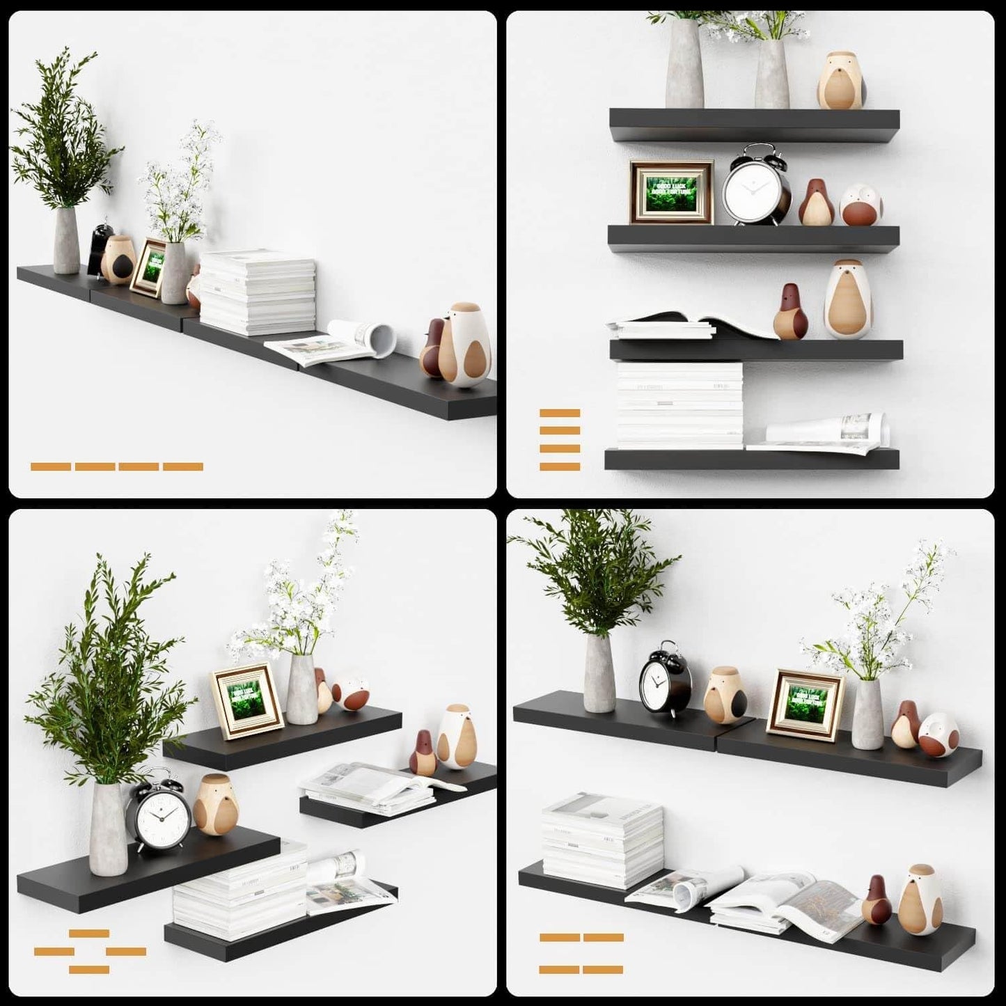 Bowillon White Floating Shelves for Wall Decor, Wall Mounted Shelves for Bedroom, Living Room, Kitchen, Bathroom Shelves Black