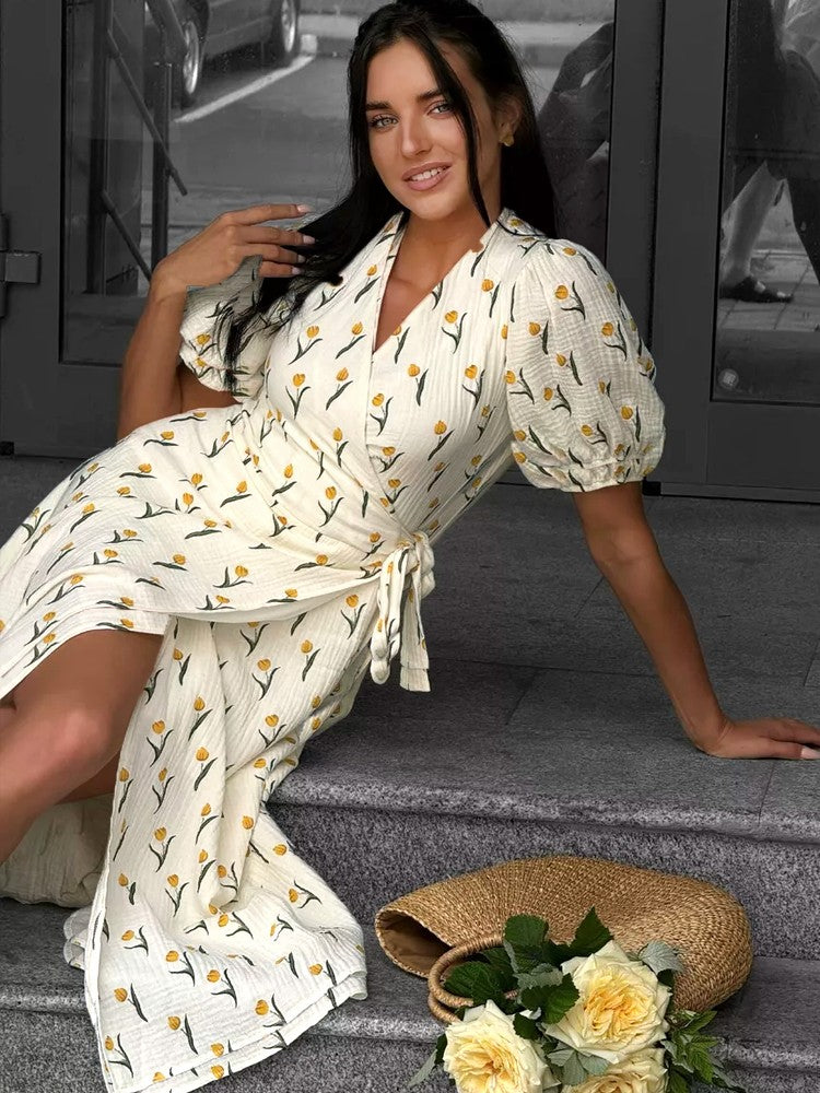 Summer Women's Light Long Dress 100% Cotton A-line Midi Dresses Muslin with Side