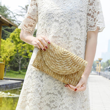 Female Wheat Straw Woven Clutch Bag Wheat Straw Braid Handmade Female Wallet Ladies Summer Beach Travel Envelope Handbag