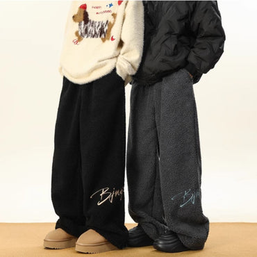 Women's Embroidered Flannel Sweatpants American Lamb Fleece Cotton Thickened Warm Couple Skiing Pants Autumn