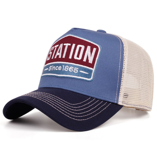 Boné Unissex Clássico com Estampa de Letras "STATION" em Tela, Boné Respirável Masculino e Feminino para Streetwear, Chapéu Trucker de Verão