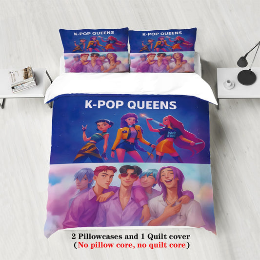 K-Pop Demon Hunters Themed Bedding Set Colorful Print Polyester Student Dormitory Bed Sheet Duvet Cover Kid Gift Home Textile