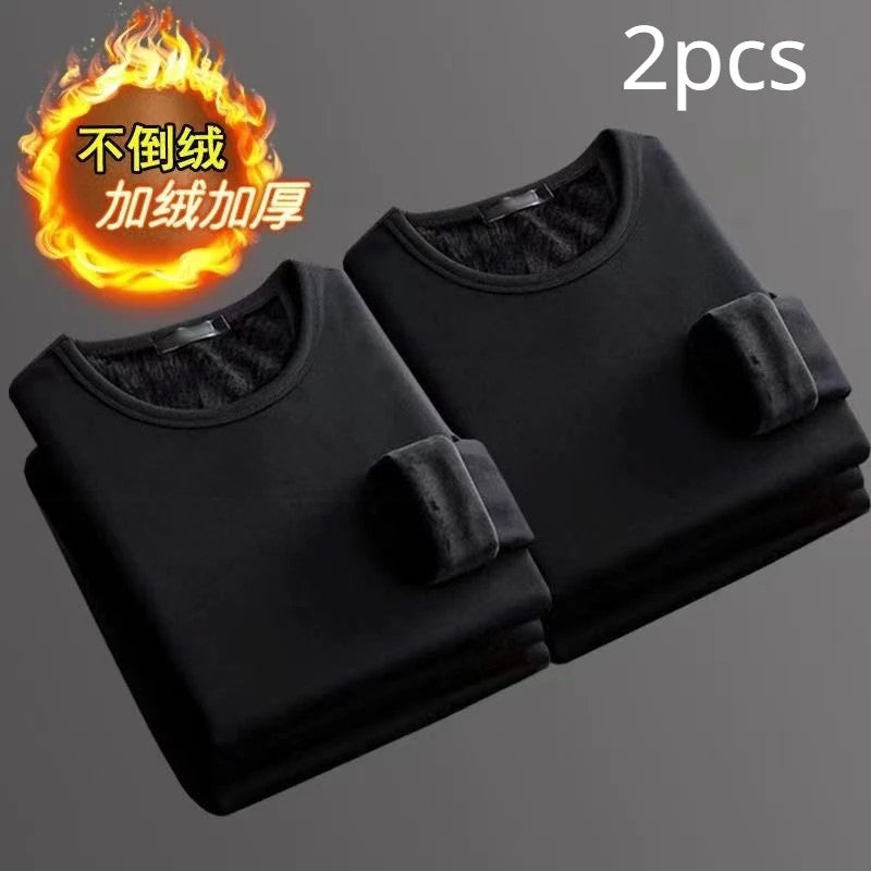 2PCS Men's Underwear Winter Long-sleeved Thermal Underwear Plus Velvet Padded T-shirt O-Neck Solid Color Slim Bottoming Shirt