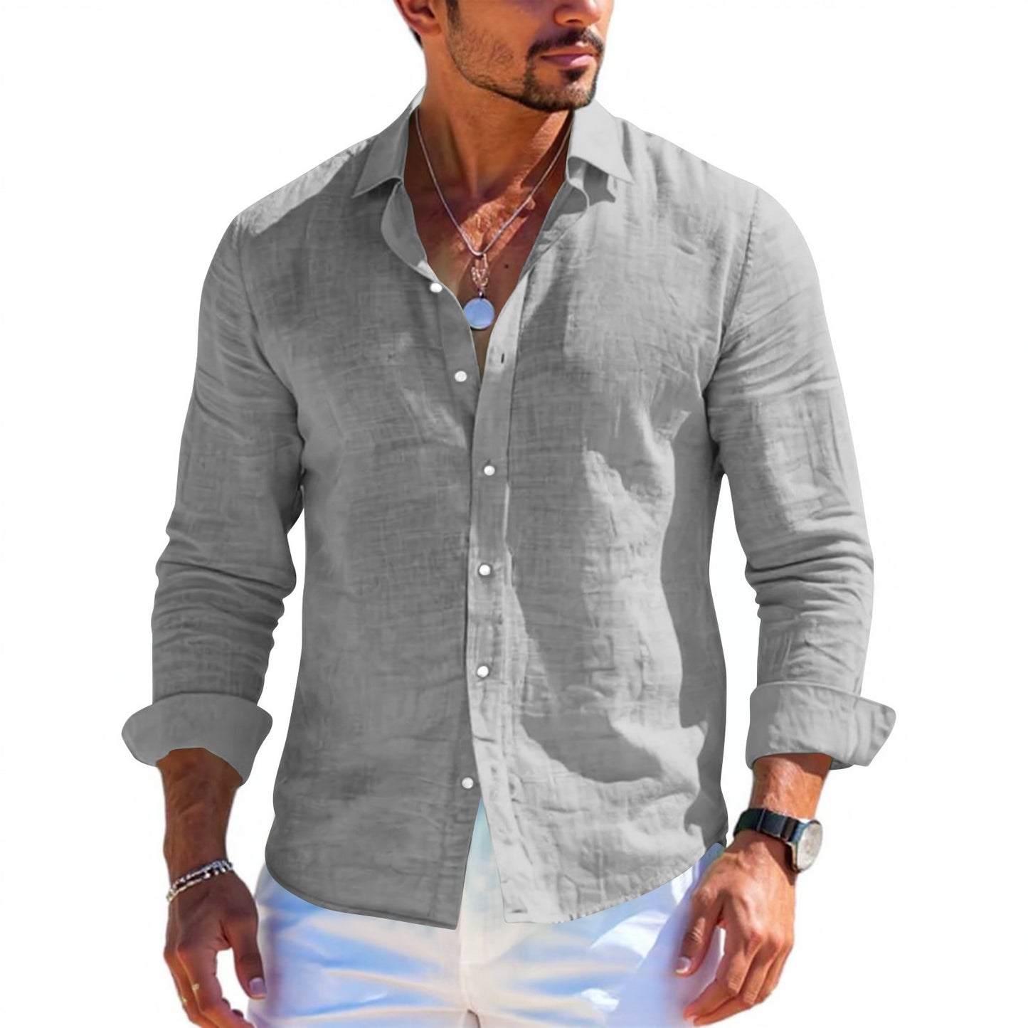 Men's tops long sleeve new style shirt cotton linen cool solid color loose lapel casual beach style cardigan spring and summer