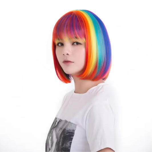Colorful Bob Hairstyle Wig Suit Airy Bangs Rainbow Halloween Cosplay Short Hair Synthetic Wig Halloween, Christmas costumes