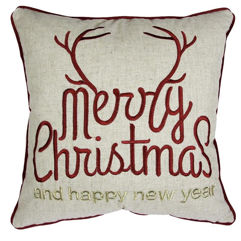 Merry Christmas Happy New Year Throw Pillow 20x20 Linen Look Gold Accents and Insert