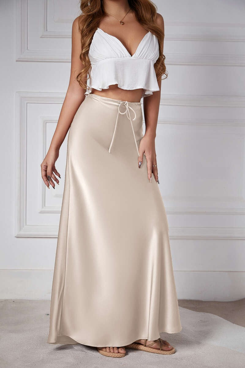 New In 2025 Spring Summer Solid Color Satin Long Skirt For Women High Waist Lace
