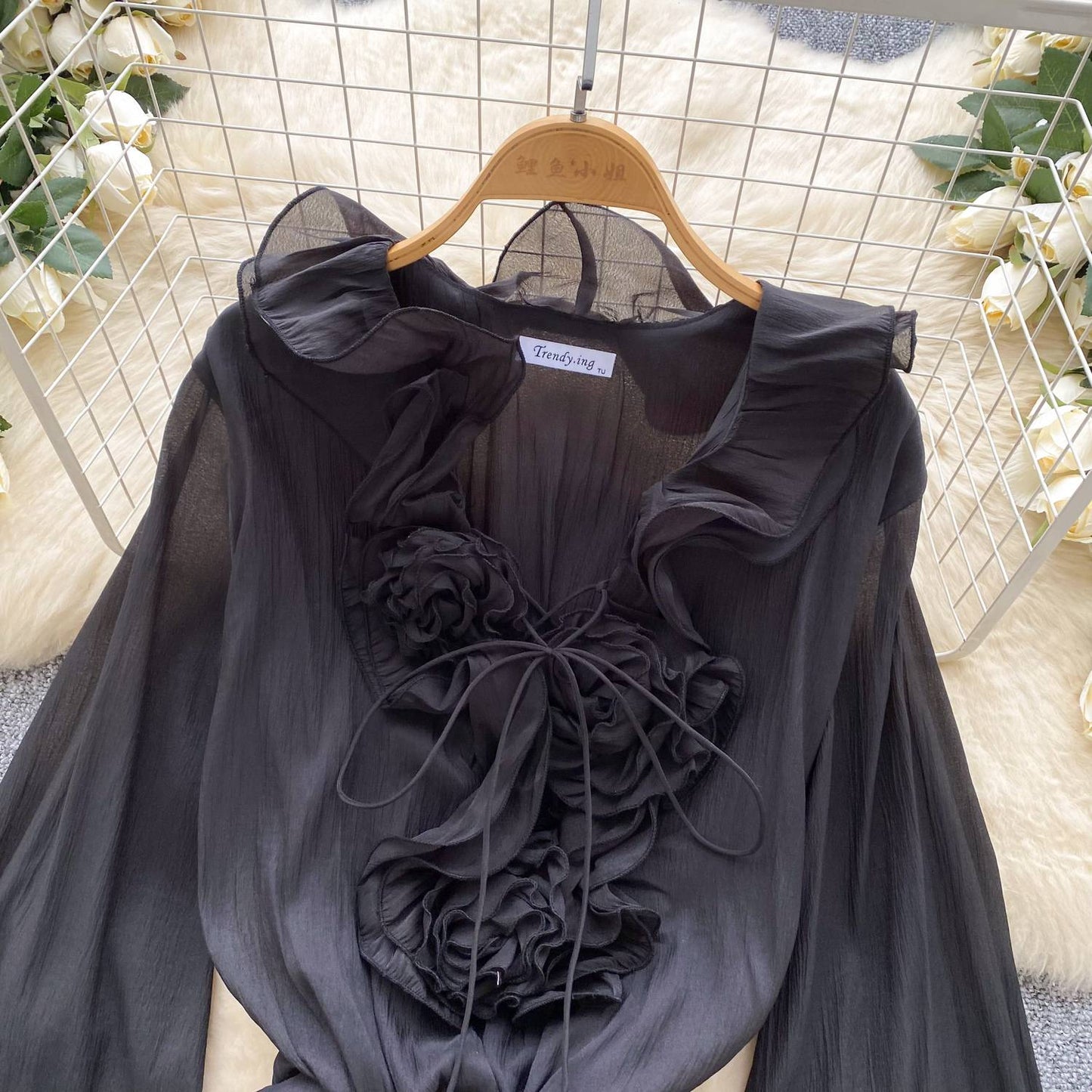 SINGREINY 3D Floral Beach Short Dress Female Long Sleeves Lace Up Ruffle Chiffon
