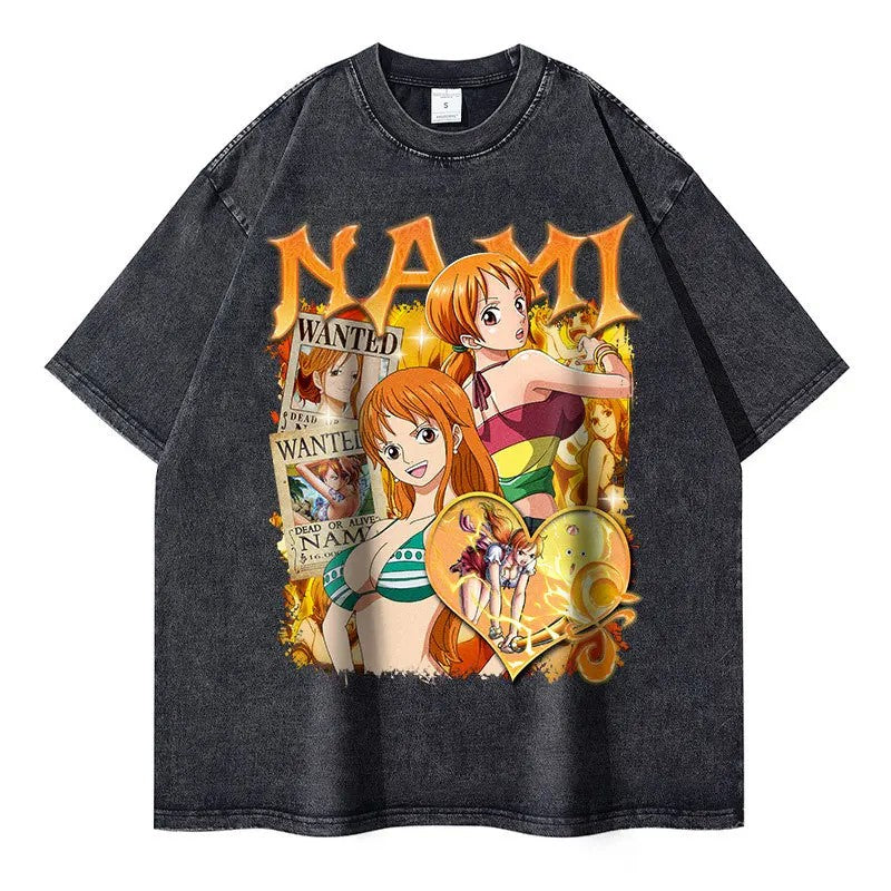Nami Short Sleeve T-shone Streetwear Vintagewashing Anime Tshirt Exploding Popular T-shirt Crew Neck Other Material