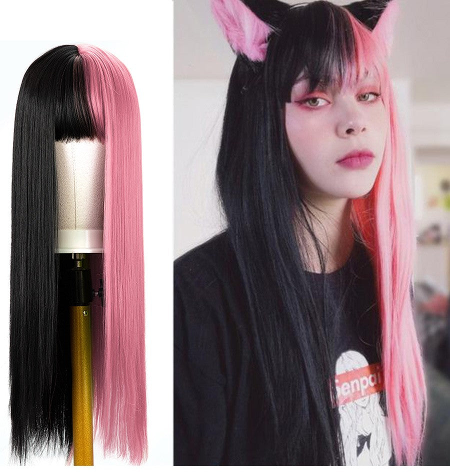 Green And Black Lolita Cosplay Wig Straight Wigs With Bangs Synthetic Heat Resistant Two Tone Wigs Black & Pink Split Color Wig