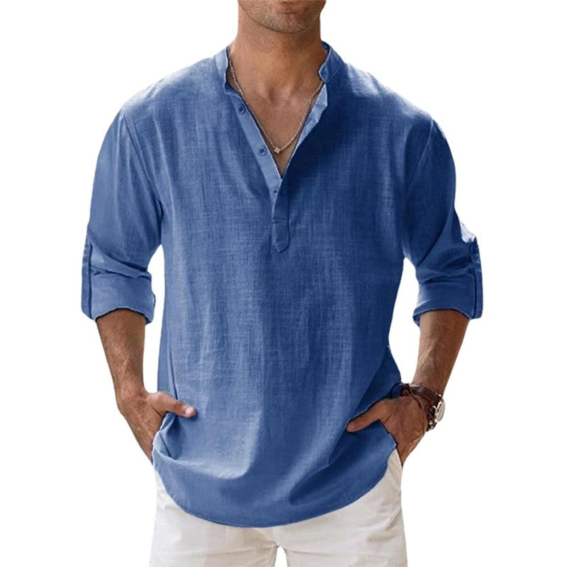 2023 New Men's Linen Long Sleeve Breathable Shirt Solid Color Casual Basic Cotton Linen Shirt Tops S-5XL