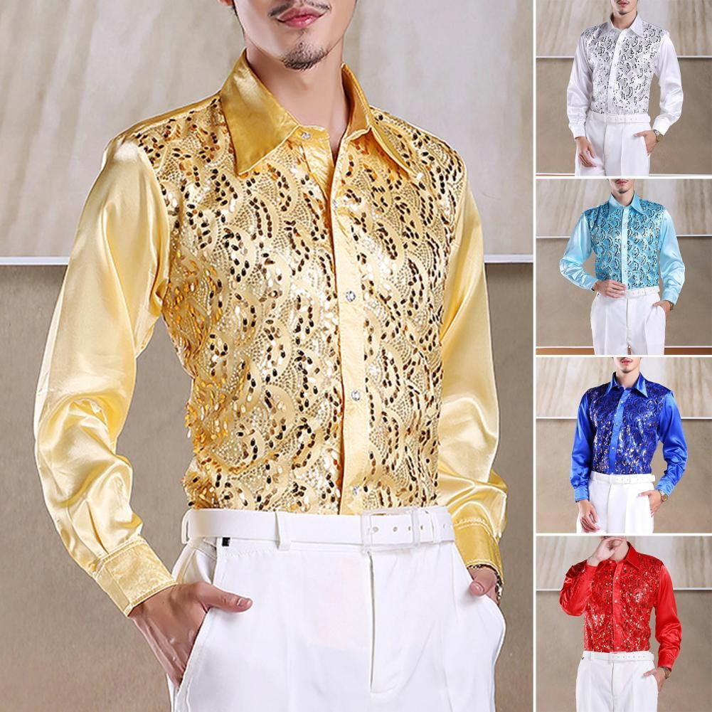 Men Sequins Shirt Adult Lapel Long Sleeved Dance Performance Shirt Costume Wedding Stage Shirt Slim Fit Casual Men Shirts Tops