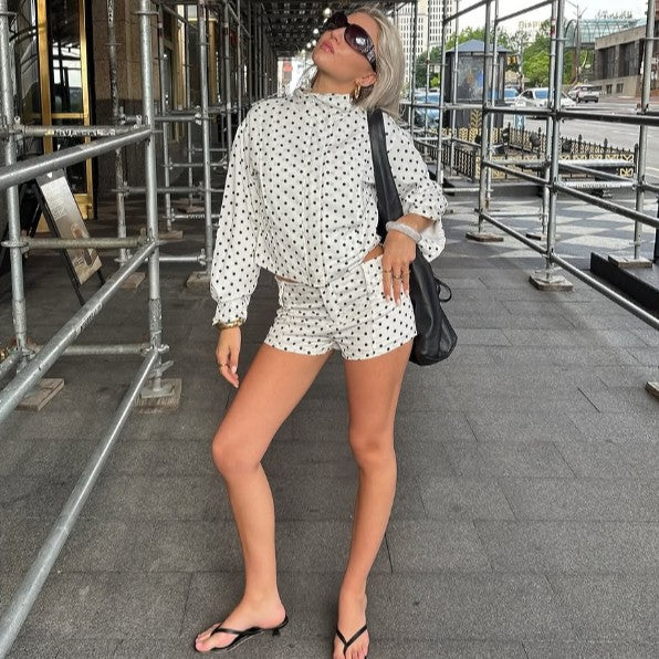 Polka Dot Stand Neck Short Jackets Women Fashion Long Sleeve Patchwork Contrast Slim Coats Casual Lady Street Commute Outerwear