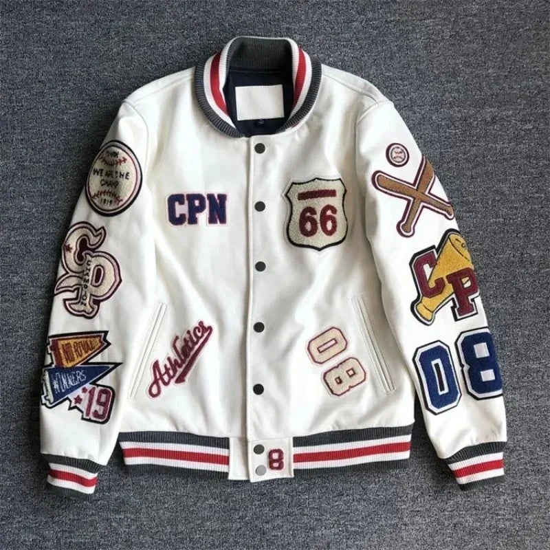 American high-quality PU leather flame racing element embroidery zipper jacket men clothes y2k autumn winter fashion couple coat