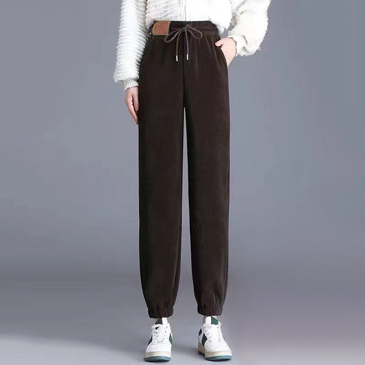Solid Casual Thicken Women Corduroy Pants Lamb Fleece Padded Cashmere Warm Sweatpants Female Elastic Waist Soft Fur Trousers