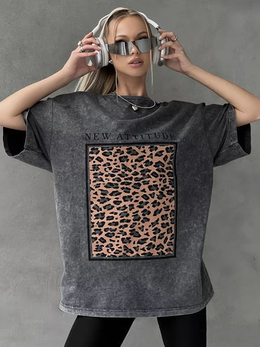 Cotton Washed T-shirt for Women New Attitude Fashion Leopard Prints Tops Loose O-Neck Oversized Short Sleeve Y2k Female Clothes