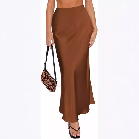 Women Summer Beige Long Skirts Trends 2025 High Waist Maxi Summer Skirt Rayon Silk Pencil Side Slit Satin Skirts For Women