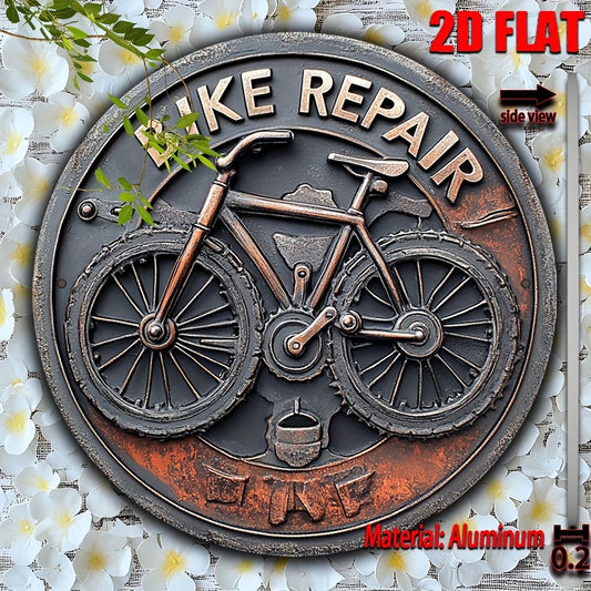 2D Flat Bike Repair Metal Wall Art - Vintage Aluminum Sign with Bicycle Design, Ideal for Home, Office, or Outdoor Decor