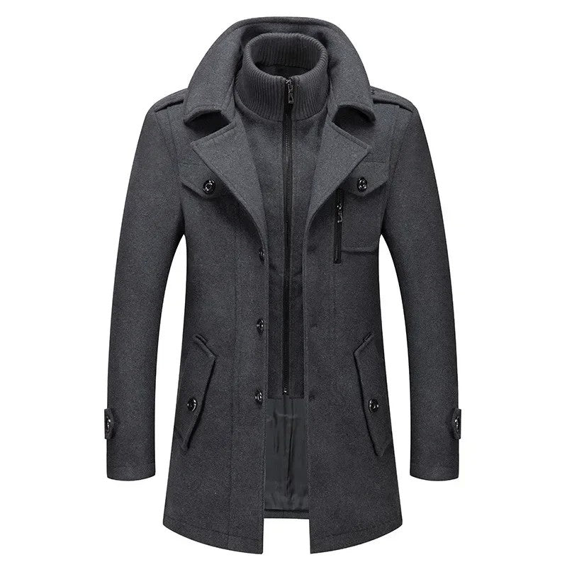 Fashion Middle Long Jacket Male Double Collar Zipper Coat Windbreak Woolen Overcoat Autumn Winter Wool Trench Coats