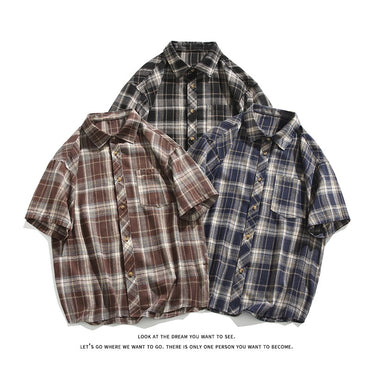 2025 Mens Cotton Plaid Style Cargo Shirts Casual Dress Short Sleeve Work Streetwear Blouses M-5XL