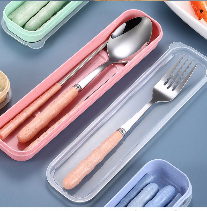 3pcs/set Tableware Set Stainless Steel Chopsticks Fork Spoon Set Travel Flatware With Box Lunch Tableware Kitchen Accessories