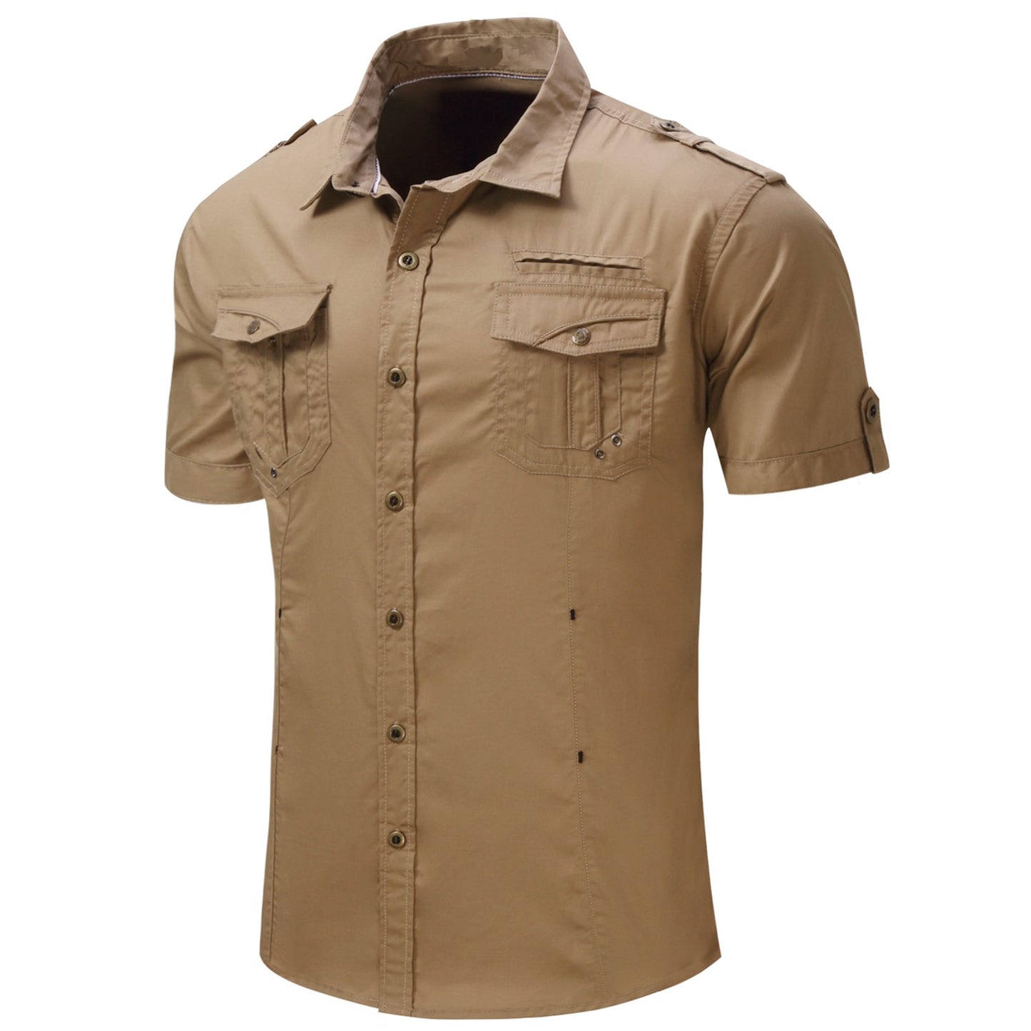 2025 New Fashion Men's Short Sleeve Safari Shirt Tops Summer 100% Cotton Solid Color Casual Cargo Work Shirts with Pocket