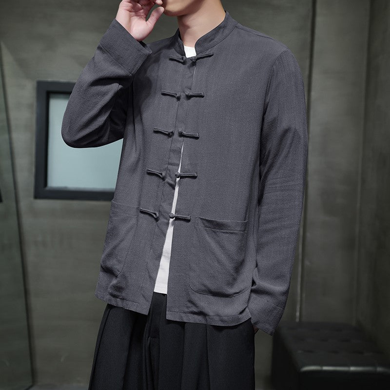 Chinese-style Men's Black Long-sleeve Shirt, Cotton-linen Blend Stand-up Collar Shirts, Available in Burgundy, Beige, and Gray.