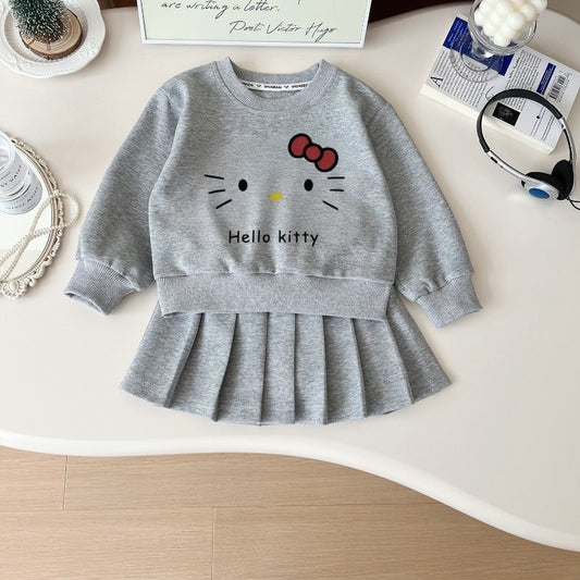 Autumn Baby Girls Clothes Set Kid Hello Kitty Printed Sweatshirts Pullover Top&Pleated Skirt 2pc Children Preppy Style Tracksuit