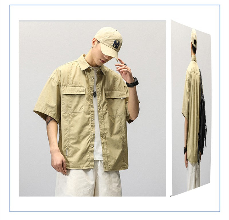 Summer Japanese Cargo Short Sleeve Shirt Men's Pockets Button Turn-down Collar Shirts Fashion Casual Cardigan blouses Tops