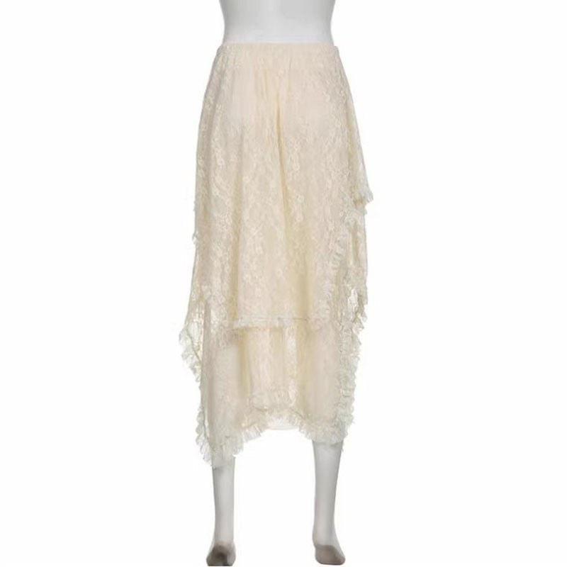 Lace Asymmetrical Skirt Women Vintage Y2K Boho Aesthetic Fashion High Waist Mid Skirts Summer Ladies Holiday Outfits