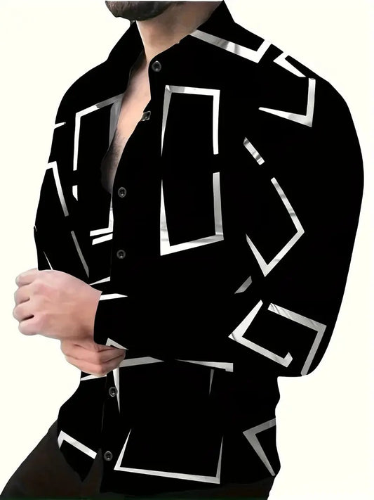Men's Digital Dot Grid 3D Striped Printed Shirt Casual Breathable Flap Button Shirt Men's Formal Long Sleeve Shirt