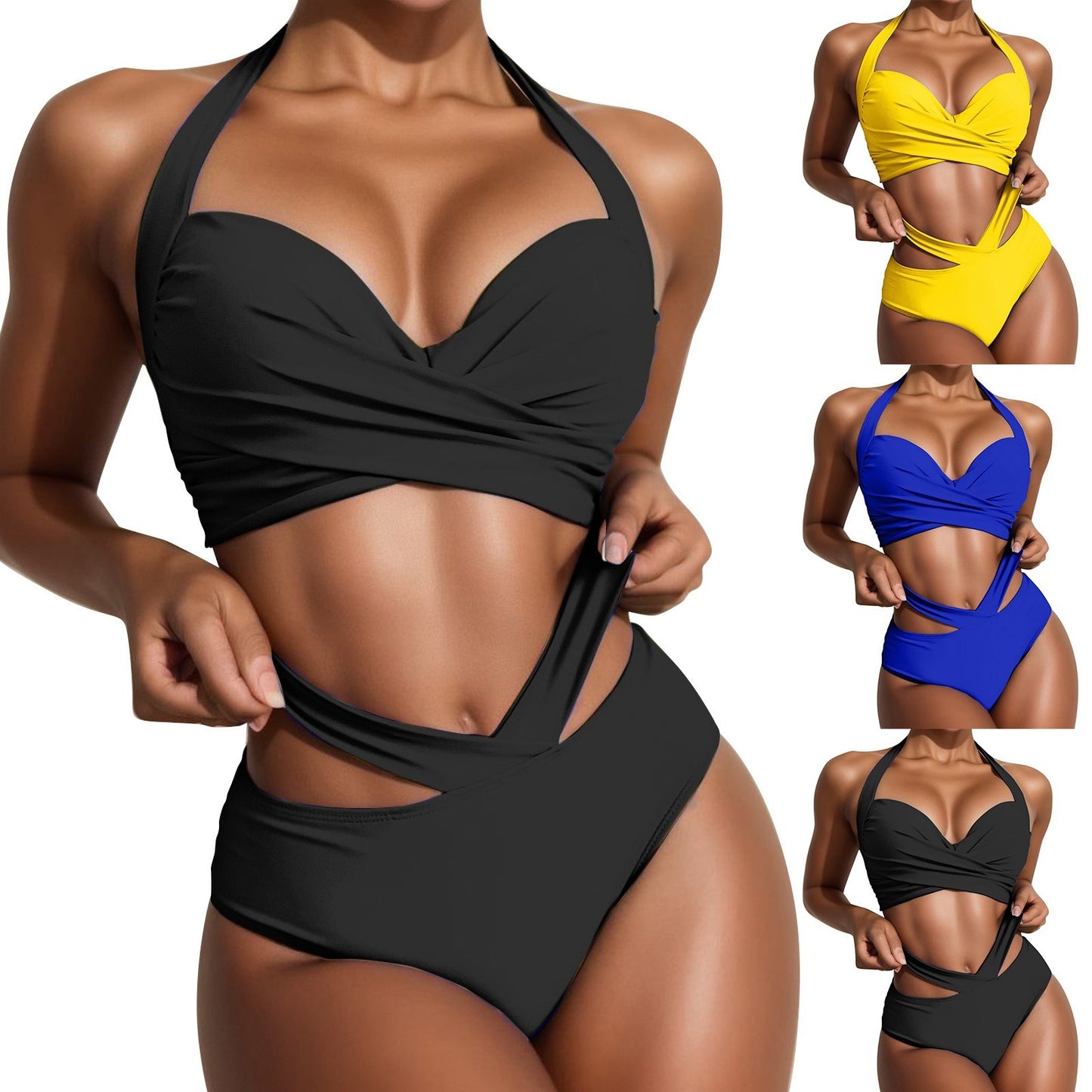 Women Solid Halter Tube Top Swimsuit Cross Ruched Wrap Chest Crop Tops High Waist Hollow Bikini Set Two Pieces Swimsuit Swimwear